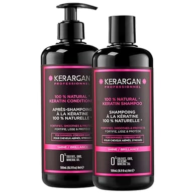 Kerargan - Duo Ultra Réparateur Shampoing & Après-shampoing à la Kératine pour Cheveux Abîmés et Stressés - Fortifie, Lisse & Protège - Sans Sulfate, OGM, Silicone - 2x500 ml