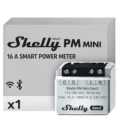 Shelly PM Mini Gen 3 - Compteur d'énergie connecté Wi-Fi, 1 canal - 16A, Mesure de consommation à distance par app, BLE Gateway, Mémoire 8 MB, Scripts, Actions URL