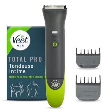 Veet Men Total ProTM* Tondeuse Intime Pour Homme - Rasoir électrique Multi-Usage pour Aine, Barbe et Corps – Chargeur USB – 100% étanche (IP67)