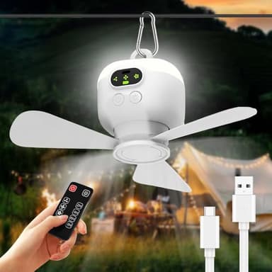 Ventilateur de Camping Lumière, Ventilateur Plafond Avec Lumière et Télécommande, Lampe de Camping LED Avec Ventilateur Rechargeable USB, Minuterie, 3 Vitesses Réglables, Pour Tente, Camp-ing