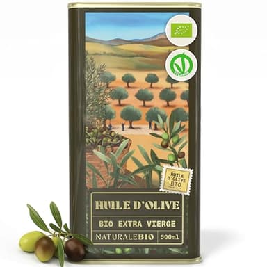 NaturaleBio Huile d'Olive Extra Vierge 500ml. Cultivée biologiquement en Espagne. Certifiée AOP. Olives Cornicabra et Picual d'arbres centenaires. Pressée à froid pour un arôme et un goût supérieurs.