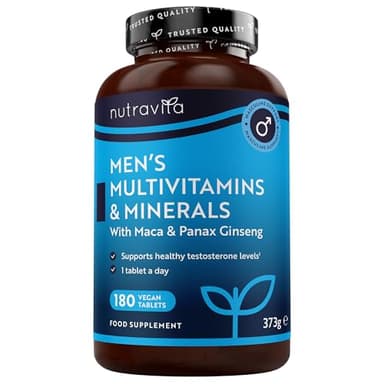 Nutravita Multivitamines et minéraux pour hommes - 25 vitamines et minéraux actifs essentiels, avec la racine de maca et le ginseng panax - 180 comprimés végans