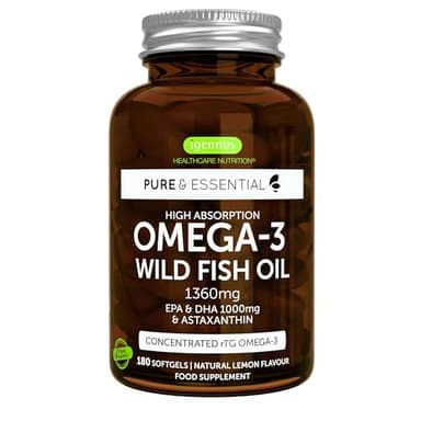 Igennus Omega 3 DHA EPA Huile de Poisson Ultra Pure 1360mg Haute Absorption & Astaxanthine Antioxydant, Triglycérides rTG Fish Oil, Complément Alimentaire Certifié IFOS, Goût Citron, 180 Gélules