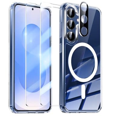 YisrLery Magnétique Coque Compatible avec Samsung Galaxy S25 Aimantée avec 2 Verres Trempés, Compatible MagSafe Dos Anti Rayures Coque Antichoc TPU Bumper Samsung Galaxy S25 Housse -Transparente