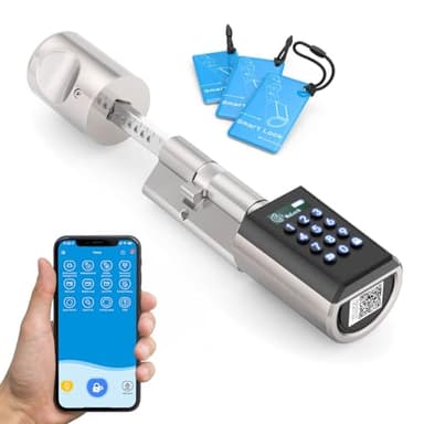 RUILON Serrure Connectee Porte Entree - IP65 Smart Lock Cylindre Sans Clé, Poignée Intelligente Faciles à Installer, Déverrouillage des Code Carte RFID Application Bluetooth PCB10EBL41