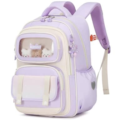 Tanou Cartable Primaire pour Filles, Sac à Dos Ergonomique pour Enfants du CP au CM2, Sac d'école Fille Primaire Décontracté avec Pendentif, 20 Litres, Violet
