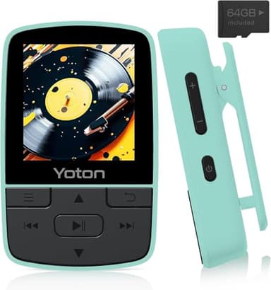 YOTON Lecteur MP3 64 Go avec Clip, Mini Musique MP3 Bluetooth 5.2, Super léger (28.5g),Son HiFi sans Perte, Radio FM, Chronomètre, Enregistreur, Podomètre, etc, avec Écouteurs, Vert