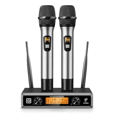 TONOR Micro sans Fil Systèmes pour Karaoke, Microphone UHF Professionnel Double Portable, Micros Dynamiques pour Fête, DJ, Église, Mariage, Réunion, 60m, TW820, Argent