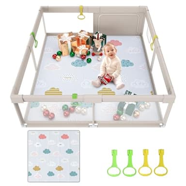 UANLAUO 150x150cm Parc Tapis et aire de jeu non toxique pour bébé, XXL parc enfant avec 4 anneaux et fermeture éclair