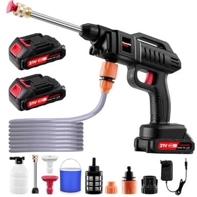 Nettoyeur haute pression avec batterie, buse multifonction 3 en 1, 21 V, 1500 W, 60 bar, nettoyeur haute pression portable, avec 2 buses, 2 batteries, tuyau de 5 m, nettoyeur haute pression