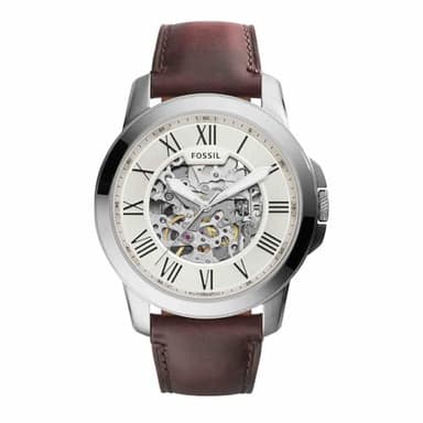 Fossil Montre pour homme Grant, mouvement mécanique automatique, boîtier en acier inoxydable argenté de 45 mm avec bracelet en cuir, ME3099