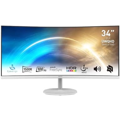 MSI Pro MP341CQW Écran Bureautique Incurvé 34" UWQHD - Dalle VA 1500R, 3440x1440, 100Hz, Confort Oculaire, Contraste 3000:1, 21:9, Haut-Parleurs Intégrés, DP 1.2a, HDMI 2.0b - Blanc
