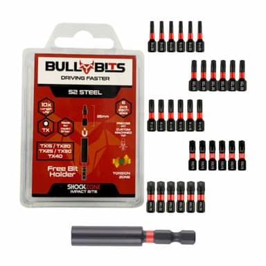 Bull Bits Lot de 30 embouts de visseuse à percussion Torx 25 mm T15, T20, T25, T30, T40 + porte-embout magnétique 60 mm, zone de choc, acier S2, zone de torsion