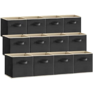 Lifewit Lot de 12 Cubes de Rangement, Boite Rangement Tissu, Caisse Rangement Pliable, Panier de Rangement Décoratifs, Bac de Rangement Placard Vetement avec Poignées, 33 x 33 x 33 cm, Noir