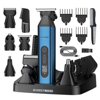 BarberBoss Tondeuse à barbe 5-en-1 homme, Tondeuse corps & cheveux, nez et oreilles, Kit toilettage pour homme, Tondeuse sans fil rechargeable, Kit toilettage, QR-6020