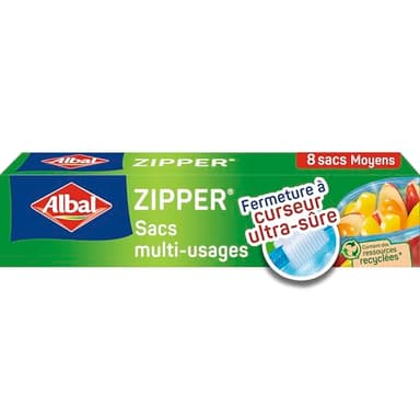 Albal - 8 Sacs multi-usages Zipper - Moyen Modèle 3L - Pour conserver, congeler, ranger ou transporter - Fermeture à curseur - Réutilisable