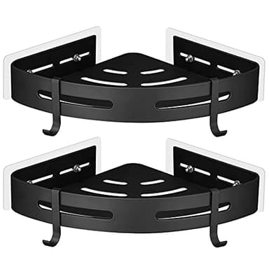 GRICOL Etagère de Douche d'angle sans Perçage en Métal avec 2 Crochets pour Douche Support Antirouille Autocollant pour Articles de Salle de Bains 2 Pièces (Noir)