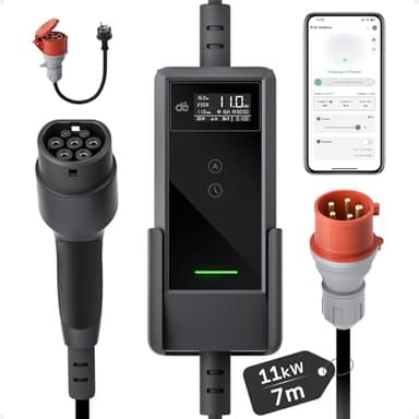 dé Chargeur Voiture Electrique 11kW APP [7m | Triphasé | 6–16A] Borne de Recharge Véhicules Électrique 11kW APP, Wallbox 11kW avec Câble Type 2, Compatible avec Model Y/3, e-208 et BEV/PHEV
