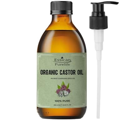 Essican Purelife Huile de Ricin Bio Sans Hexane en Bouteille en Verre 250ml – Huile Pressée à Froid Pure pour Peau, Cils, Sourcils, Croissance des Cheveux, Enrichie en Vitamine E