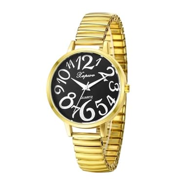 Avaner Montre pour Femme à Bracelet élastique:Montre Analogiques avec Grands Chiffres pour Voir l'heure Clairement Montre pour Les âgées/Mère avec Sac Cadeau-Or/Noir