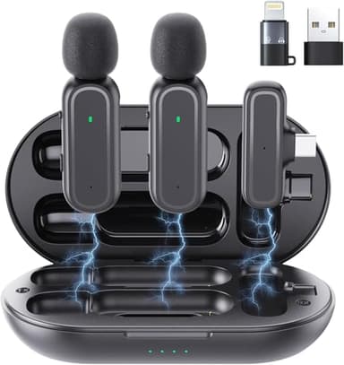 voijump Micro Cravate sans Fil pour iPhone, iPad, Android, Lot de 2 Mini Micro Cravate avec Boîtier de Charge 42H, Réduction du Bruit, USB-C, pour Youtube, TikTok, Vlog, Vidéo, Podcast