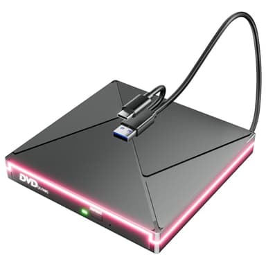 BHHB Lecteur CD DVD Externe pour PC, Lecteur DVD avec RGB USB3.0 et USB-C Portable CD/DVD -/+RW Drive, Mince DVD Player Transmission Rapide Câble USB Intégrée pour Windows/MacOS/Laptop/Desktops
