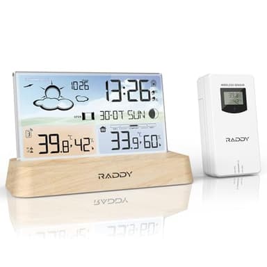 Raddy DT6 Station météo sans Fil avec horloge radio-pilotée DCF, écran couleur numérique pour, thermomètre hygromètre, station météo pour la maison avec prévisions météo et baromètre