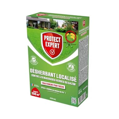 PROTECT EXPERT Désherbant Concentré Localisé Contre Les Mauvaises Herbes Du Gazon - 450ml - Soit 200 m² - Non Sélectif - Bidon Doseur DG400