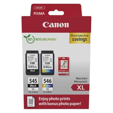 Canon PG-545XL / CL-546XL Lot de 2 Cartouches d'encre Authentiques à Haut rendement Couleurs et Noir 50 Feuilles de Papier Photo 10 x 15 cm