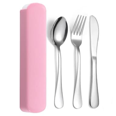 JIEYUCHU Couverts de Camping, 3 Set de Couverts en Inox, Ensemble de Couverts Lunch Box, Lavable au Lave Vaisselle, pour Pique-Nique, Voyage, École, Bureau (Rose)