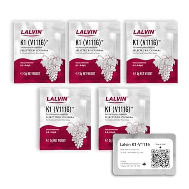 Lalvin K1-V1116 Levure à Vin (5 Sachets) - Levure à l'Hydromel - Faire de l'Hydromel Cidre Vin Kombucha à la Maison - Saccharomyces cerevisiae - Vendu par Distributeurs CAPYBARA Inc.