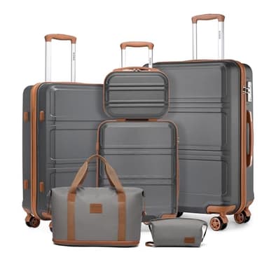 Kono Set de 6 Valises de Voyage Rigide (55/65/74cm) à 4 roulettes, avec Vanity Case, Sac de Voyage Pliable pour Le Sport et Trousse de Maquillage, Gris/Marron