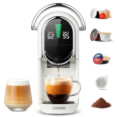 Magician1 Machine à café Capsules pour Nespresso, Dolce Gusto, Lavazza A Modo Mio, Dosettes ESE 44mm et Café Moulu, Température et Taille Tasse Réglable, 20Bar, Cafetière Chaud ou Froid (Blanc)