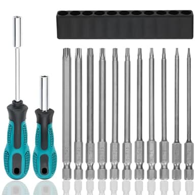 Prebarfun 14 Pièces Tournevis Torx Magnetique, 100mm Embouts de Vissage Long, 1/4" Tournevis Torx Avec Trou Central, Embout Torx Creux, Tournevis Etoile pour Tournevis Et Visseuse Electrique