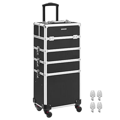 SONGMICS Valise de Maquillage Professionnel 4-en-1, Mallette Cosmétique, XXL, 35 x 25 x 79 cm, Verrouillable, roulettes à 360°, pour Voyages, Manucure, Maquilleur, Coiffure, Noir JHZ11BK