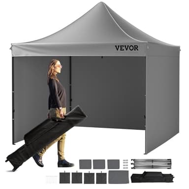 VEVOR Tonnelle Pop-up 304,8x304,8 cm Tente Tonnelle Jardin Parois Latérales Amovibles Sac à roulettes Résistant UV Imperméable Tente Gazebo pour Plein Air, Terrasse, Jardin, Fête, Camping, Gris Foncé