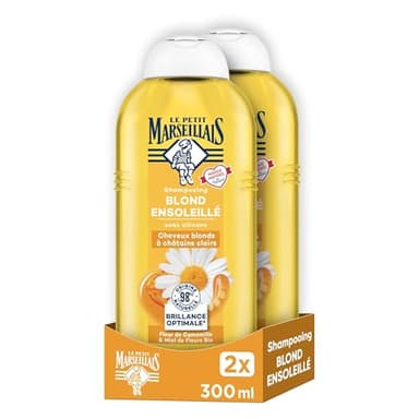 Le Petit Marseillais – Shampooing Blond Ensoleillé (2 flacons de 300 ml) – Shampooing sans silicone pour cheveux blonds à châtain clairs – Idée cadeau beauté à 98% d'ingrédients d'origine naturelle