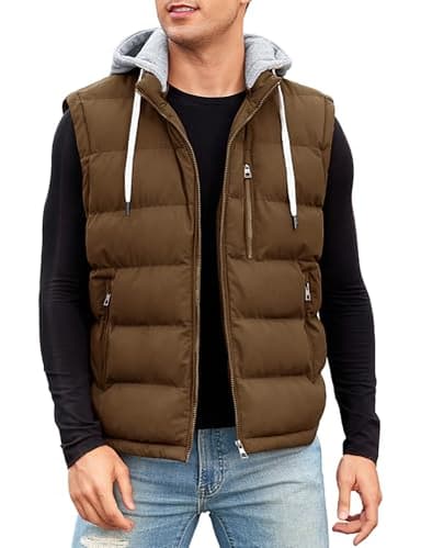 Vancavoo Veste Sans Manches Homme Doudoune Matelassé Manteaux Sans Manche Légère Gilet à Capuche Hiver,Café,S