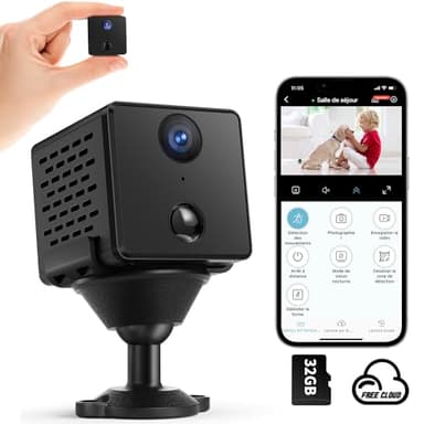 Camera Espion, WiFi 4K HD Mini Caméra de Surveillance Interieur| Stockage Gratuit dans Le Cloud & Carte SD | Vision Nocturne, détecteur de Mouvement | Batterie 3000mAH | avec Carte mémoire 32GB