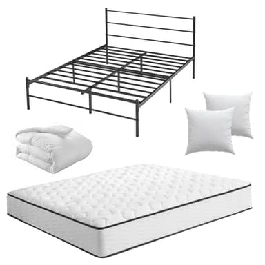 CEYIRO Ensemble Matelas 160x200 et Lit 160x200cm et Couette 220x240 et 2Oreillers60x60cm (Pack Matelas 160x200+Lit Métal avec Tête)