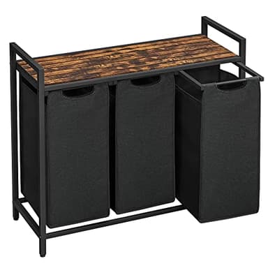VASAGLE Panier à Linge 3 Compartiments, Corbeille à Linge Sale, 3 Sacs Amovibles en Tissu Oxford, Étagère, Cadre en Métal, 3 x 40 L, 92,5 x 33 x 72 cm, Noir d'Encre et Marron Rustique BLH301B01V1