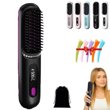 Go Brush Pro, Brosse chauffante pour cheveux courts, Lisseur portable, Peigne sans fil rechargeable, 2 en 1 pour lisser et boucler, 3 réglages de température, Chauffage rapide (Noir)