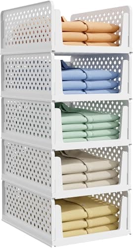 Kitsure Lot de 5 tiroirs de rangement en plastique,empilables et pliables,gain de place,organisateurs polyvalents pour placard, chambre ou buanderie,42.4 x 32.8 x 16.0 cm
