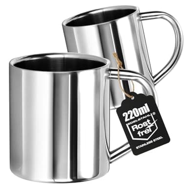 Wilhelm Sell® 2x mugs isothermes 220 ml en acier inox – gobelets à double paroi avec anse – tasses incassables pour café ou thé – inoxydables, sans BPA, lavables au lave-vaisselle (220 ml - 2 pièces)