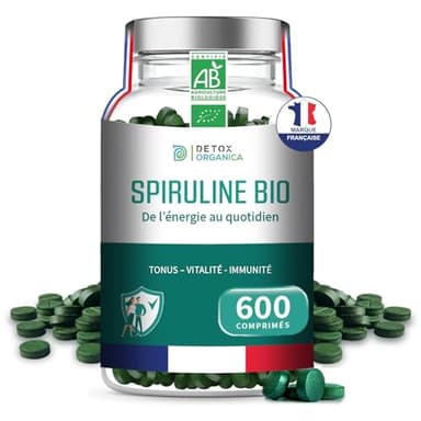 DETOX ORGANICA Spiruline Bio - 3000mg par jour - 600 Spiruline Bio Comprimés - Complément Alimentaire Riche en Protéines, Antioxydants, Fer et Phycocyanine - 100% Agriculture Biologique Contrôlée