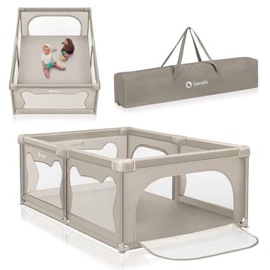 LIONELO WILLOW Parc pliant pour bébé, de 0 à 48 mois, grand espace 120 cm x 180 cm x 68 cm, parc pour bébé avec filet respirant, 2 entrées latérales zippées (Beige)