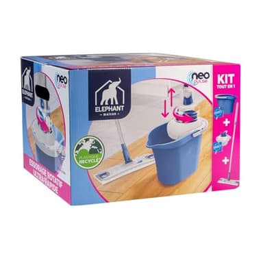 ÉLÉPHANT Maison - Kit Neo Pulse - pour Nettoyer Le Sol sans Effort Et sans Se Mouiller Les Mains - Essorage Rotatif Rapide - Très Absorbant - Plastique Recyclé - Fabriqué en France - Bleu