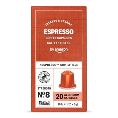 by Amazon Capsules de Café Espresso en Aluminium Compatibles avec Nespresso, Torréfaction Claire, 20 Capsules – Certifiées Rainforest Alliance