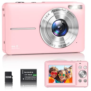 Appareil Photo Numérique 1080P Appareil Photo 44 MP Appareil Photo Compact Portable avec Écran LCD 2,4", Zoom Numérique 16X, Carte Mémoire Micro 32 G, 1 Batterie pour Adolescents, Étudiants-Rose