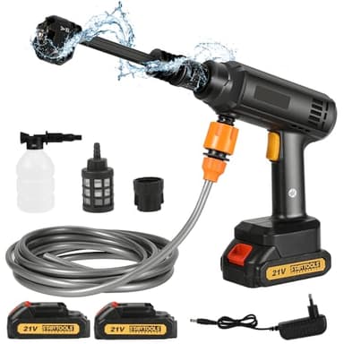 Nettoyeur Haute Pression sans Fil avec 2 Batteries 3,0 Ah, Nettoyeur Haute Pression Portable avec Buse 6-en-1 Multi-usages, Tuyau de 5 m, Max 60 Bar pour Nettoyer Les Voitures, Jardin (Noir)